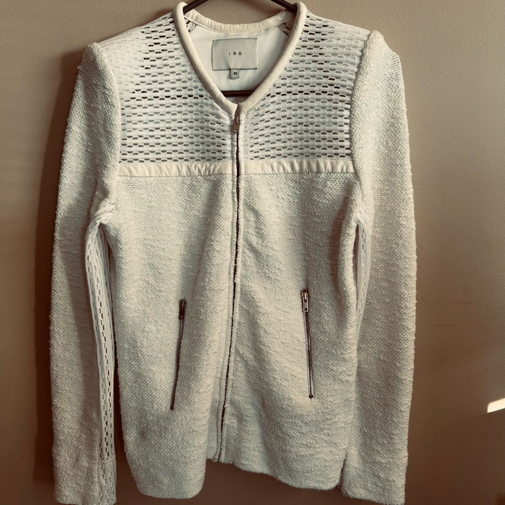 IRO  Hurly Cream Textured Zip Jacket with genuine Lamb Leather Trim.